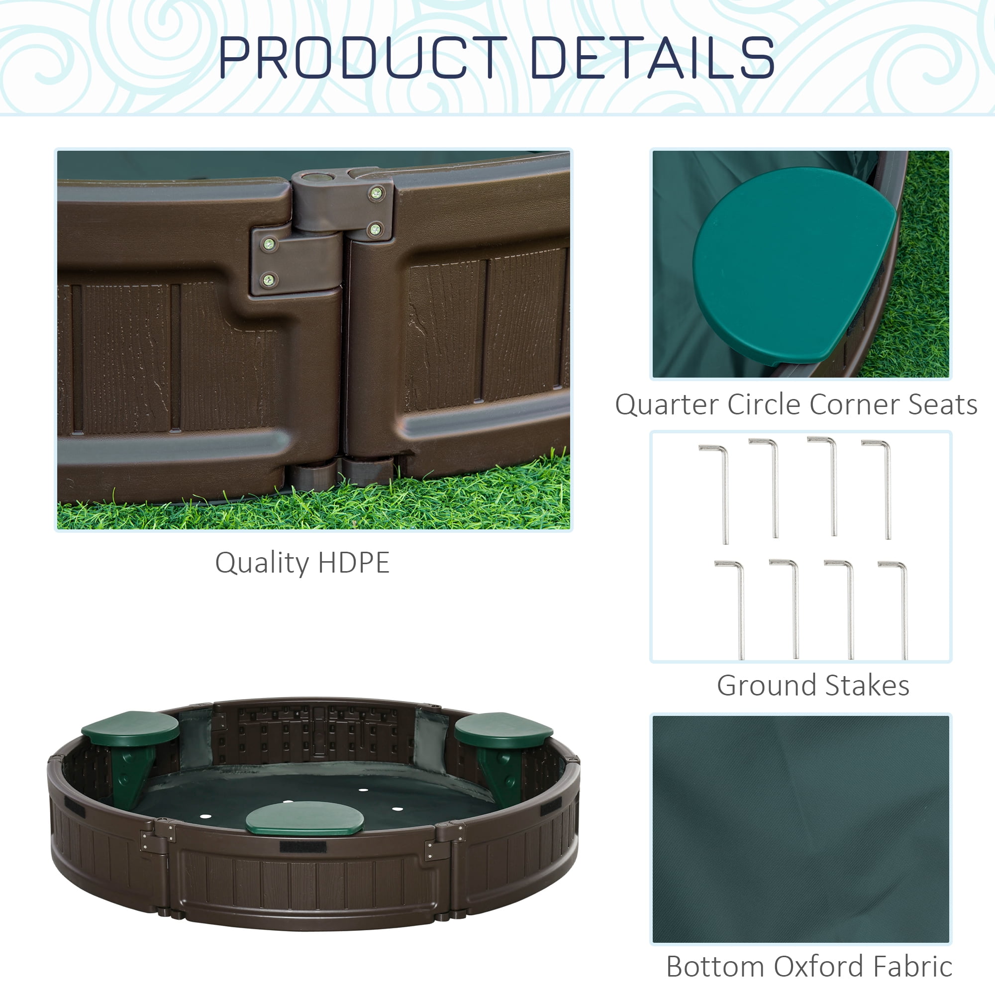 Kids Outdoor Round Sandbox with Cover & Garden Bed, 48.5" HDPE Sand Pit with 4 Seats, Easy Assembly Backyard Play Station, Brown