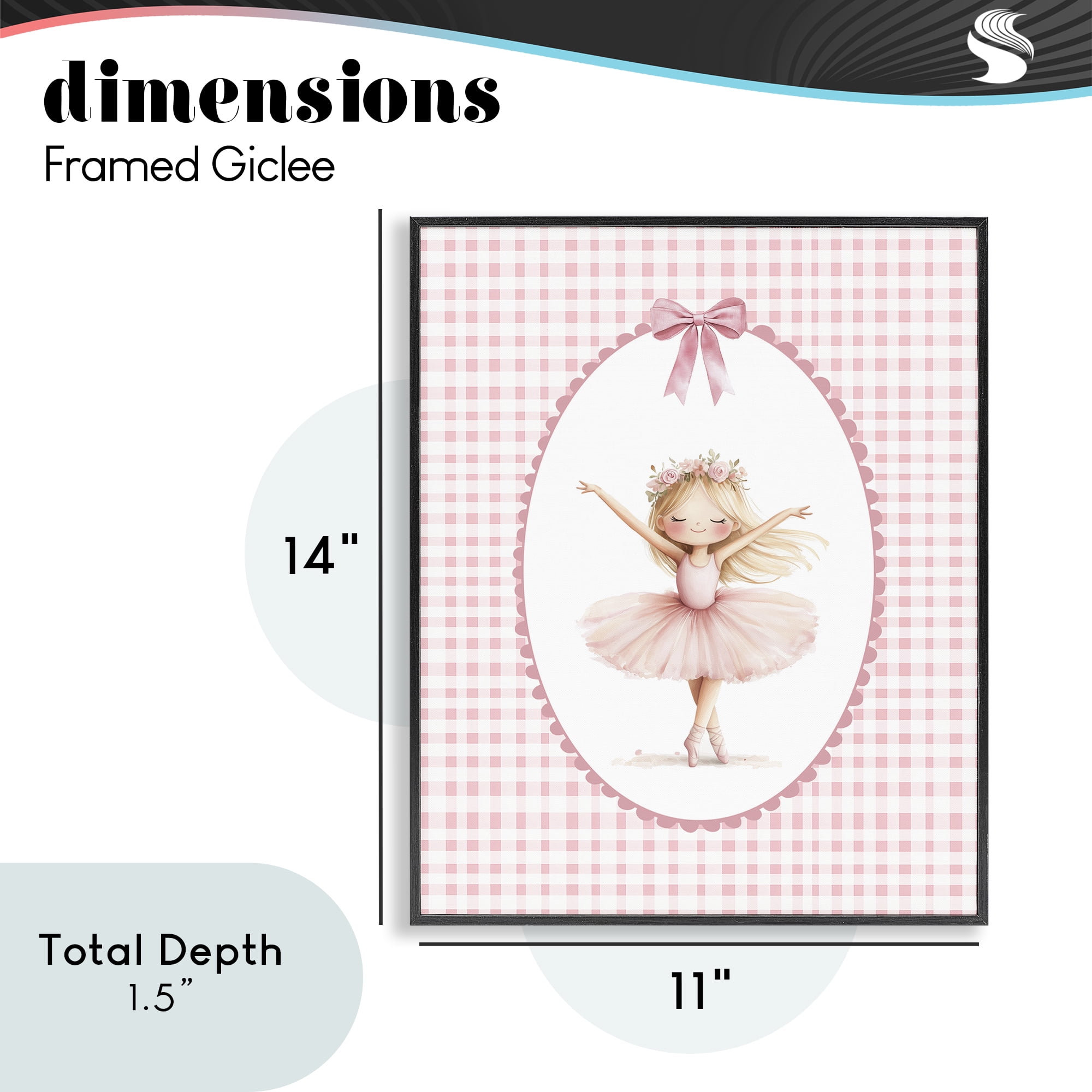 Ballerina on Pink Checkered Black Framed Giclee Art, design by Christine Simpson Art