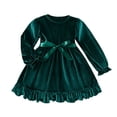 thumbnail image 2 of Huowey Toddler Girls Spring Dresses Velvet Solid Color Long Sleeve A-Line Crewneck Ruffles Cute Bow Belt Dresses Holiday Party Wedding Princess Dress Casual Breathable Dailywear,Green,12-18 Months, 2 of 8