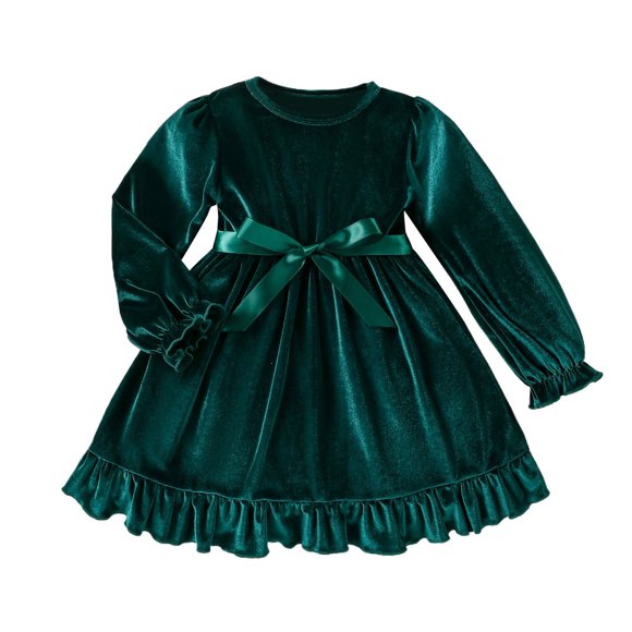 Aocisk Toddler Girls Dress Long Sleeve with Solid Color Bow Tie and Ruffle for Party Dance Costume Velvet Attire Everyday Wear Green 12-18 Months