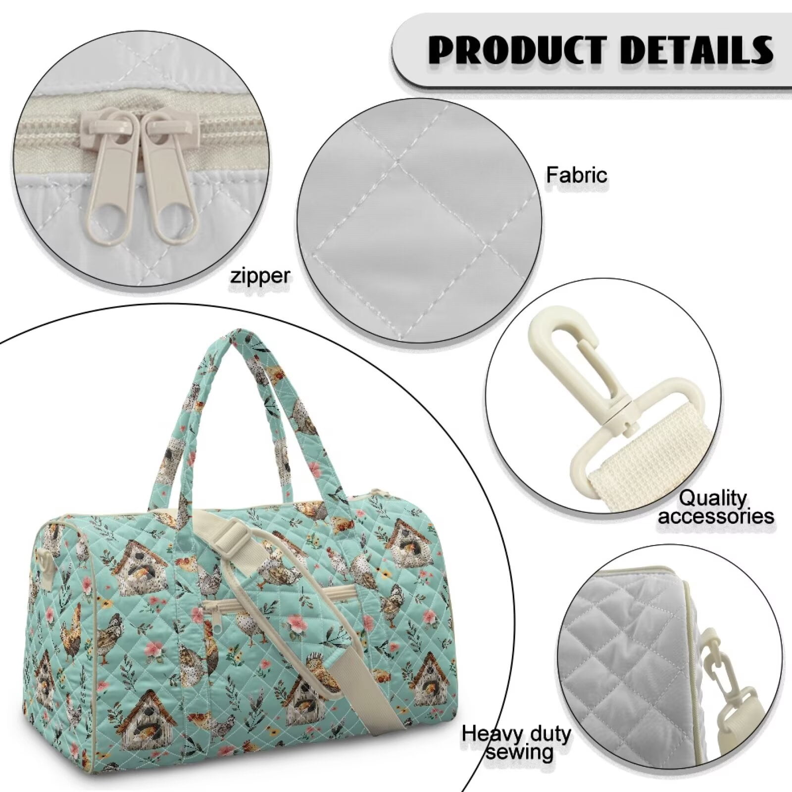 Garronmavis Large Quilted Duffle Bag for Women, Green Chicken Floral Print Weekender Bag Travel Carry On Tote Overnight Gym Dance Bag with Luggage Sleeve