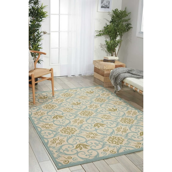 Nourison Caribbean Repeat Medallions Ivory/Blue 9'3" x 12'9" Area Rug, (9x13)