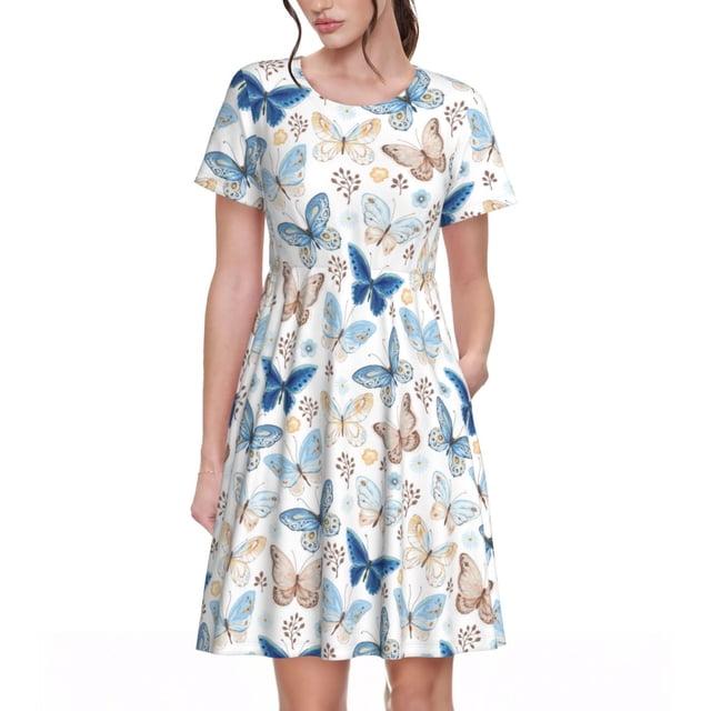 Bixox Robe d'Été à Manches Courtes pour Femmes Robe Ample Longueur Genou avec Poches-Papillon