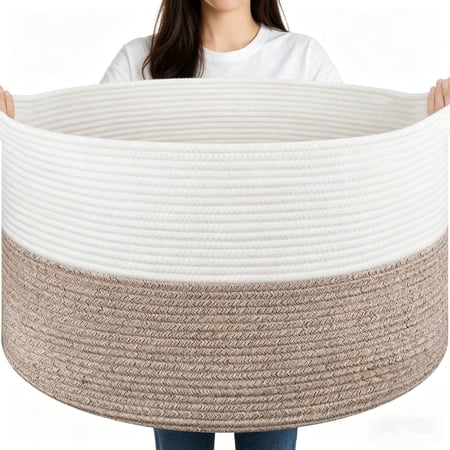 VeluraHome XXX Large Blanket Basket ，Woven Storage Baskets With Handle, Cotton Rope Laundry Basket for Living Room，Laundry, Nursery, Pillows, Baby Toy chest