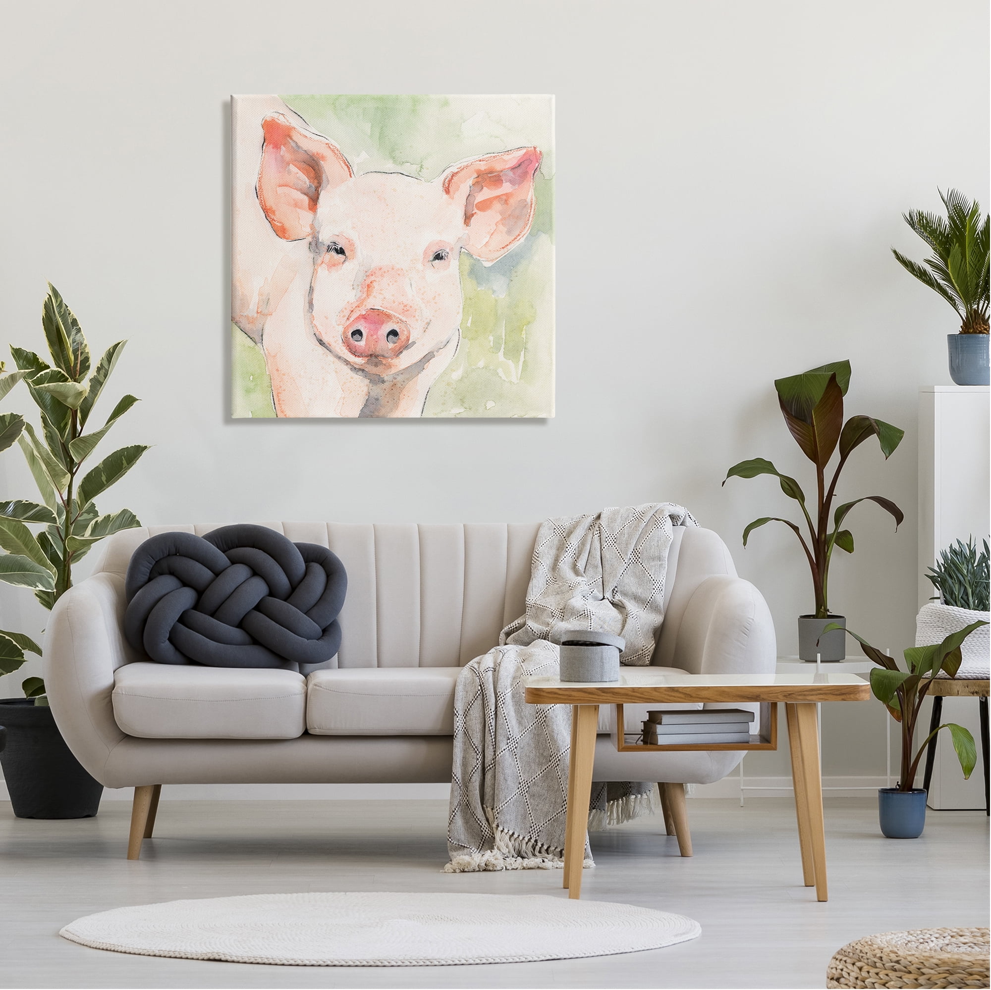 Stupell Industries Pig Portrait on Green Animals & Insects Painting Gallery Wrapped Canvas Print Wall Art, 30 x 30