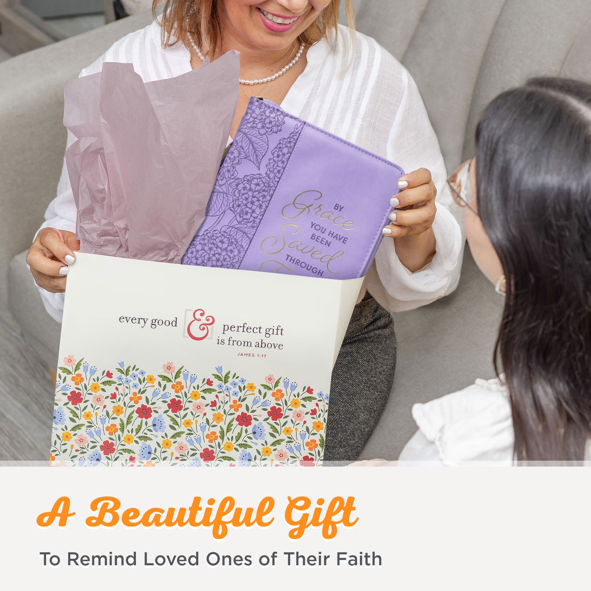 Christian Art Gifts Faux Leather Fashion Bible Cover for Women: By Grace You Have Been Saved - Ephesians 2:8 Inspirational Bible Verse, Hydrangea Lilac Purple, Large