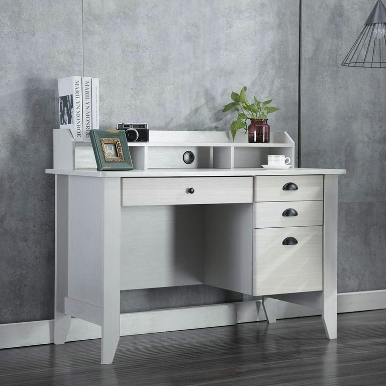 Catrimown Computer Desk with 4 Storage Drawers and Shelves, White Farmhouse  Office Desk for Bedroom Teens Writing Desk, Executive Desks for Home