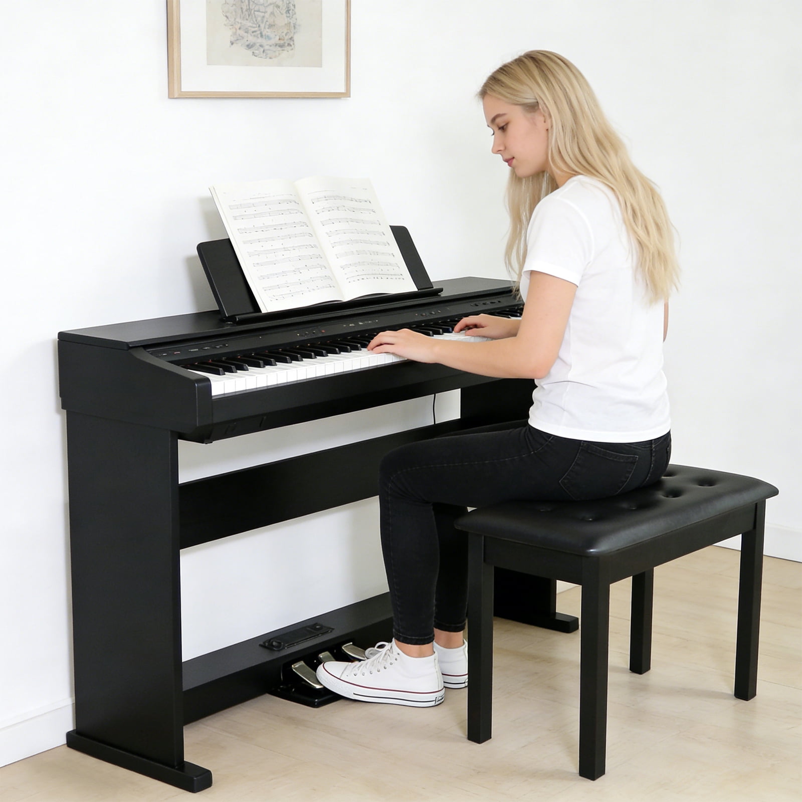 stusgo Piano Bench with Storage, Solid Wood Keyboard Bench Piano Bookcase Stool Chair Seat, Black