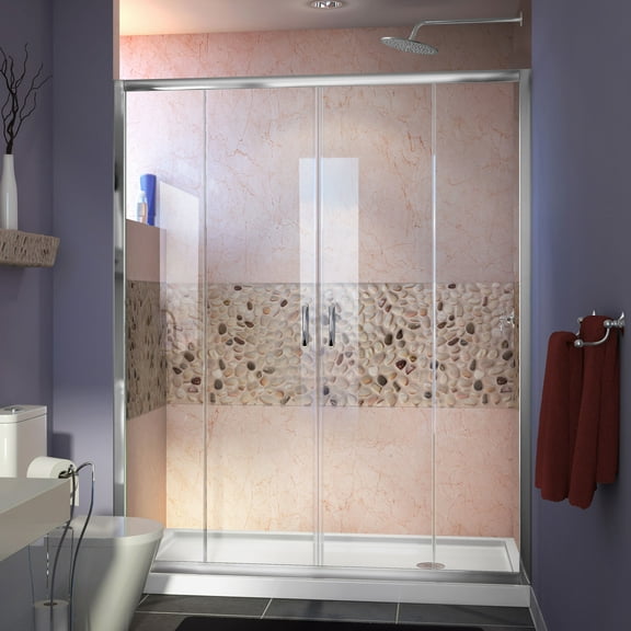 DreamLine Visions 32 in. D x 60 in. W x 74 3/4 in. H Sliding Shower Door in Chrome with Right Drain White Shower Base