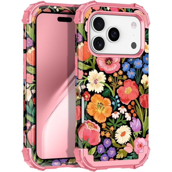 CASEFIV for iPhone 17 Pro Case,Glow in The Dark Heavy Duty Shockproof Protection Hard Plastic Bumper Soft Silicone Rubber Protective Case for iPhone 17 Pro 6.3 inch,Pink Flower