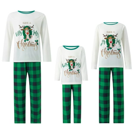 

Canis Family Matching Pajama Set Christmas Cartoon Elk Print Long Sleeve Round Neck Tops+Plaid Pants Sleepwear Homewear 2Pcs Adult Kids