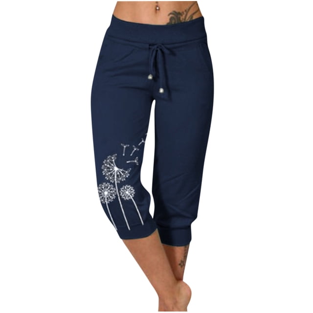 jovati Woman Fashion Drawstring Pockets Elastic Waist Printing Capris Pants