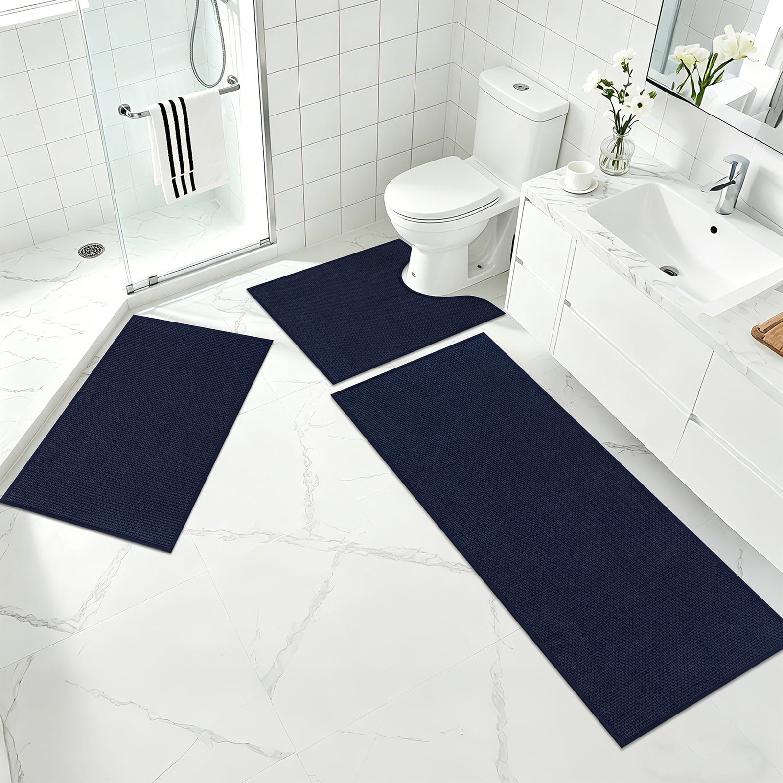Ileading 3pcs Bathroom Rugs Set with U-Shaped Mat, Non Slip, Soft, Absorbent Bath Mats for Tub, Shower, Toilet 18"x26"+18"x48"+U Shape 20"x24" Blue