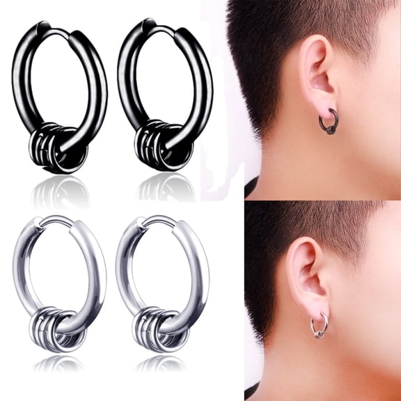 Zhuge Stainless Steel Unisex Huggie Hoop Earrings Black and Steel Color, 2 Pair