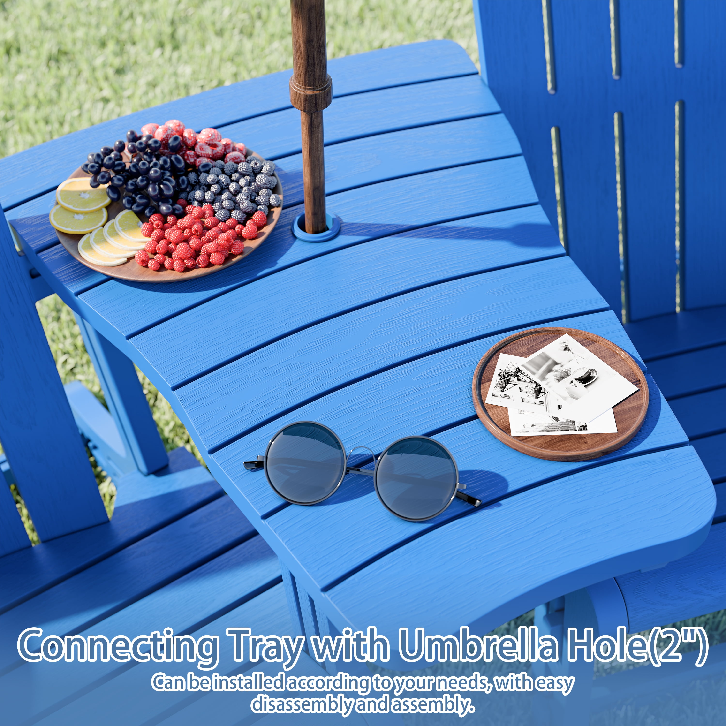 Walsunny Adirondack Chairs Set of 2 HDPE Outdoor Chair Set with Connecting Tray Cup Holder Removable Tabletop Pull-Out Footrest,All-Weather HDPE Outdoor Chair Set,Blue