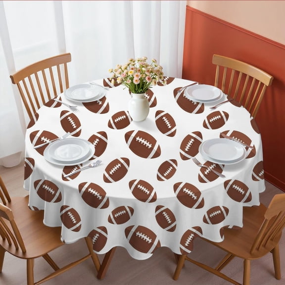 Football Icon Brown Pattern Round Tablecloth 70"x70", Wrinkle Resistant Wipeable Table Cover for Kitchen Dining Room Picnic Patio and Party