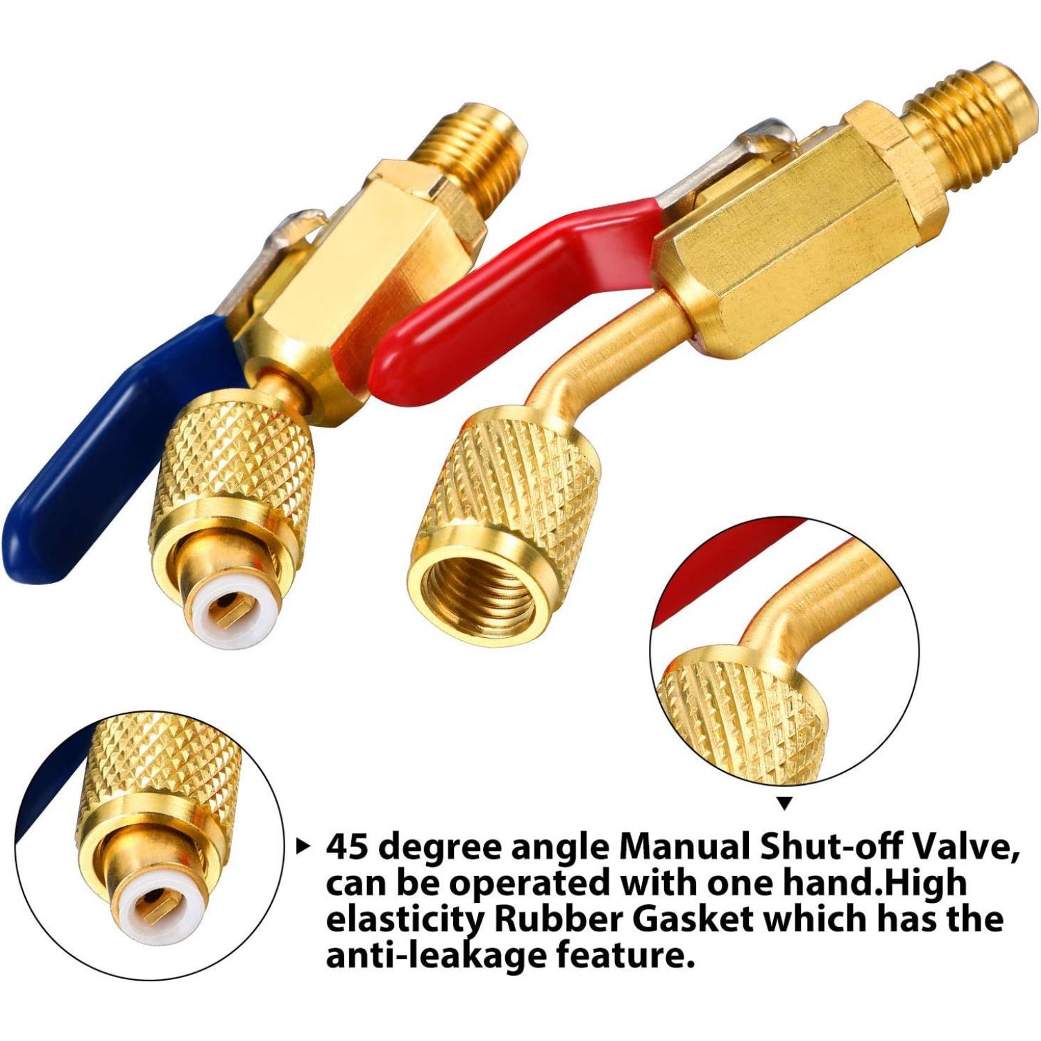 7pcs Air Conditioning Refrigerant Angled Compact Ball Valve,1/ 4 Inch for R410A R134A R12 R22 HVAC and R410A Adapter 5/ 16 Inch Female To 1/ 4 Inch Male Flare for Mini Split System,Hand Tools Kits