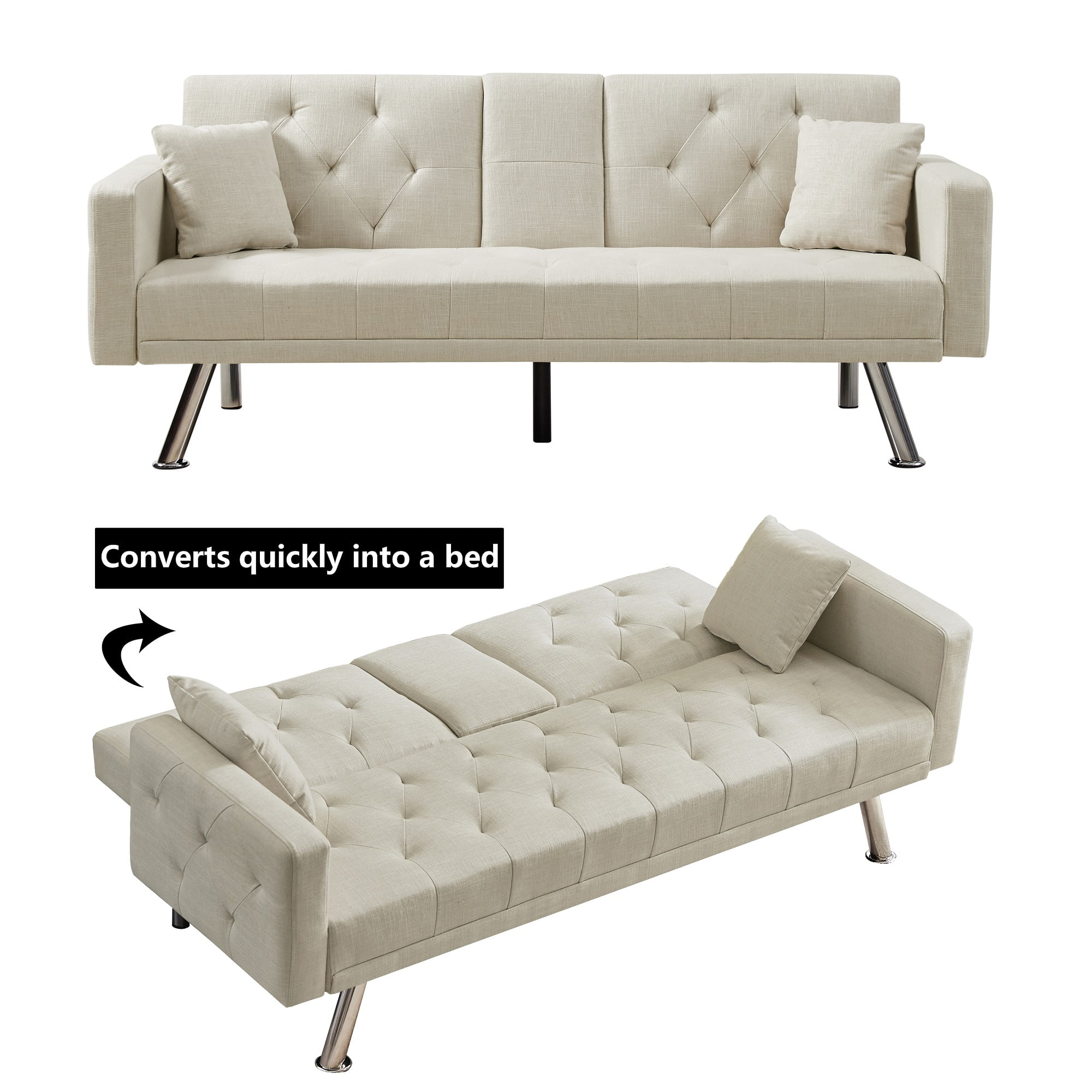 HUTWIFE Convertible Linen Futon Sofa Bed Couch ,Upholstered Sofa with Adjustable Backrest and 2