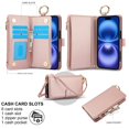 thumbnail image 3 of ELEHOLD For iPhone 16 Phone Case Leather Crossbody Zipper Card Wallet Flip Case Kickstand Cover, with Ring Holder,Full Body Protection-Rosegold, 3 of 7