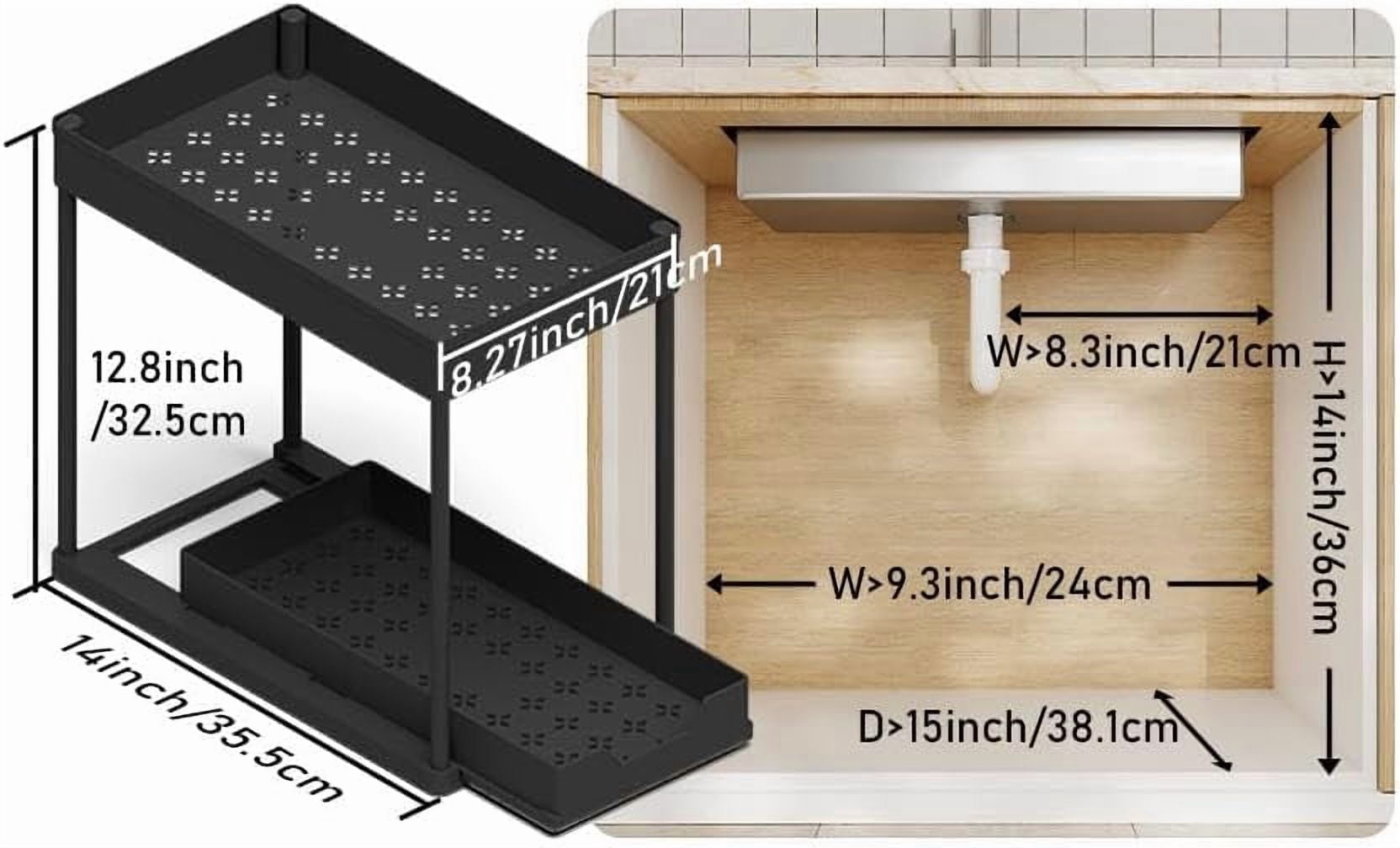 RGHJAR-2 Pack black Under Sink Organizers and Storage, 2-Tier Sliding Cabinet Basket Organizer with Hooks, Multi-Purpose Under Sink Organizers and Storage for Bathroom Kitchen