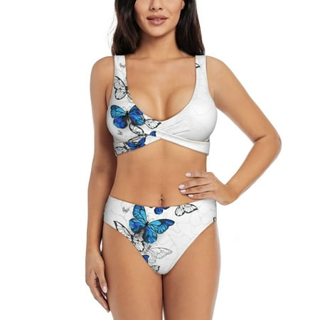 Zeuib Blue Flying Butterflies High Waisted Tummy Control Bikini Set - Knot Front Push Up Top & Cheeky Thong Bottom  Two-Piece Swimsuit for Women-Large