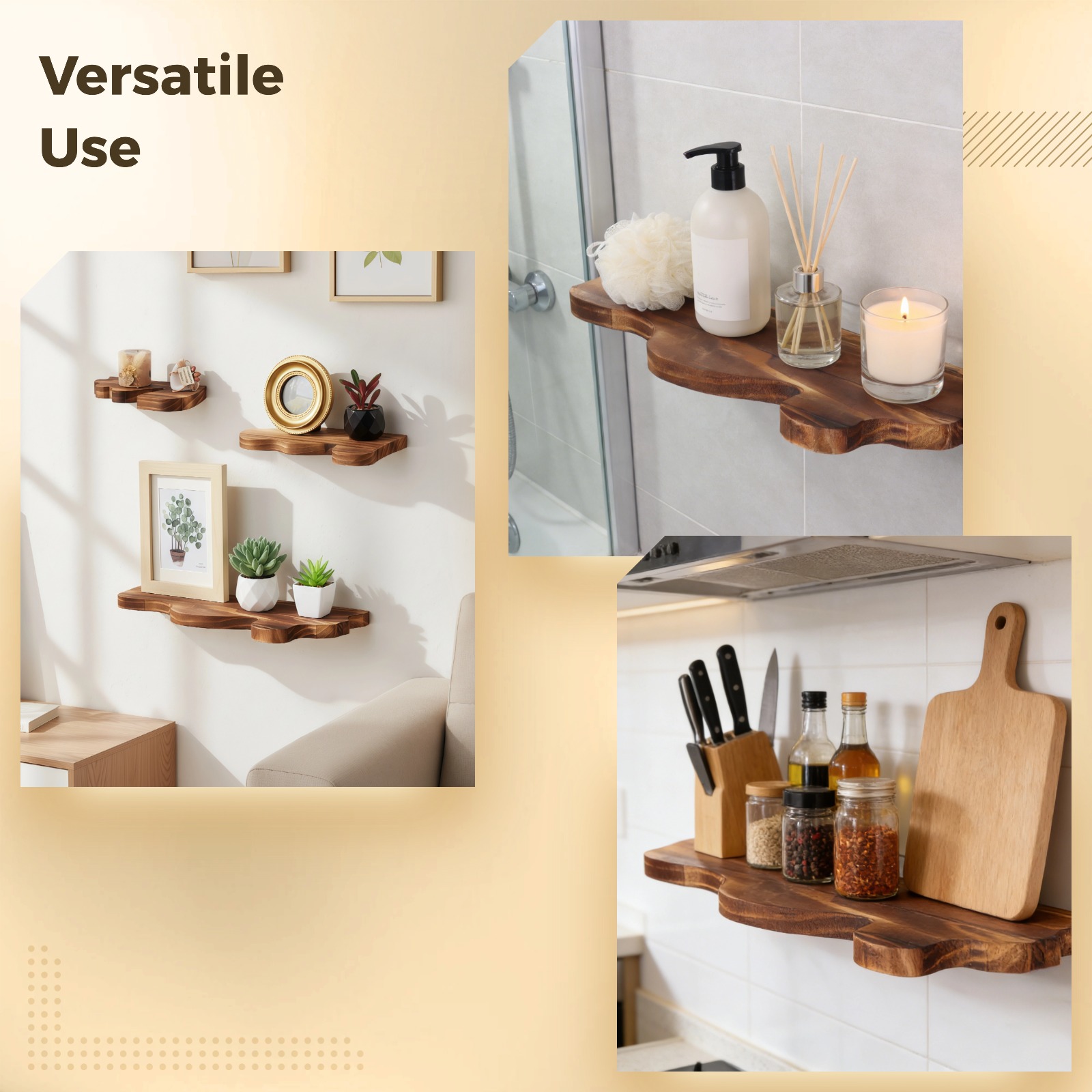 Set of 3 Wood Floating Shelves, Rustic Farmhouse Vintage Wall Shelf Display Decor for Living Room, Bathroom, Bedroom, Brown