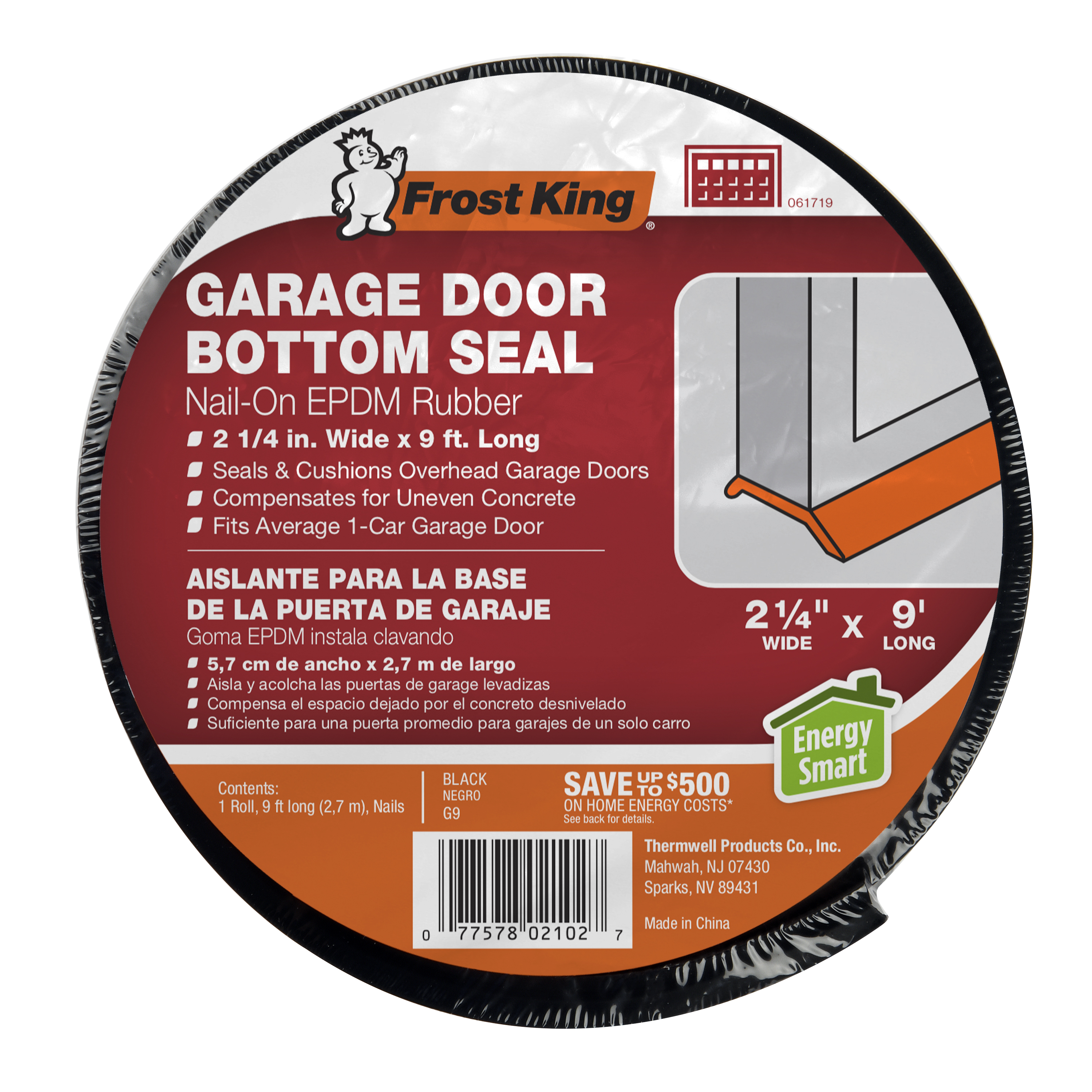 Frost King® G16H Nail-on Rubber Garage Door Bottom Seal, 2-1/4-inch by 16-foot, Black