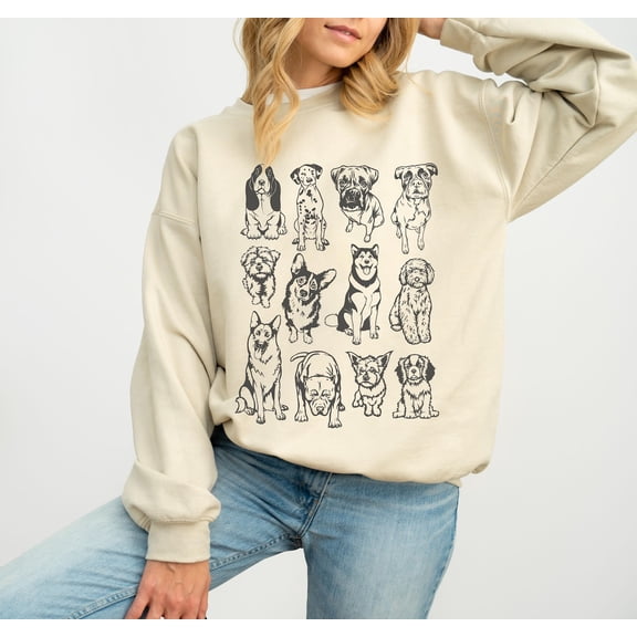 Vintage Dog Breeds Graphic Sweatshirt, Cute Dog Mom Crewneck, Retro Dog Owner Sweater, for Dog Lover Person, Womens Oversized Clothing Tshirt All Size S-5XL
