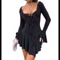 thumbnail image 2 of Vestido Mini Ajustado de Larga con Escote en V y Hombros Descubiertos con Volantes en para Mujer Negro S, 2 of 10