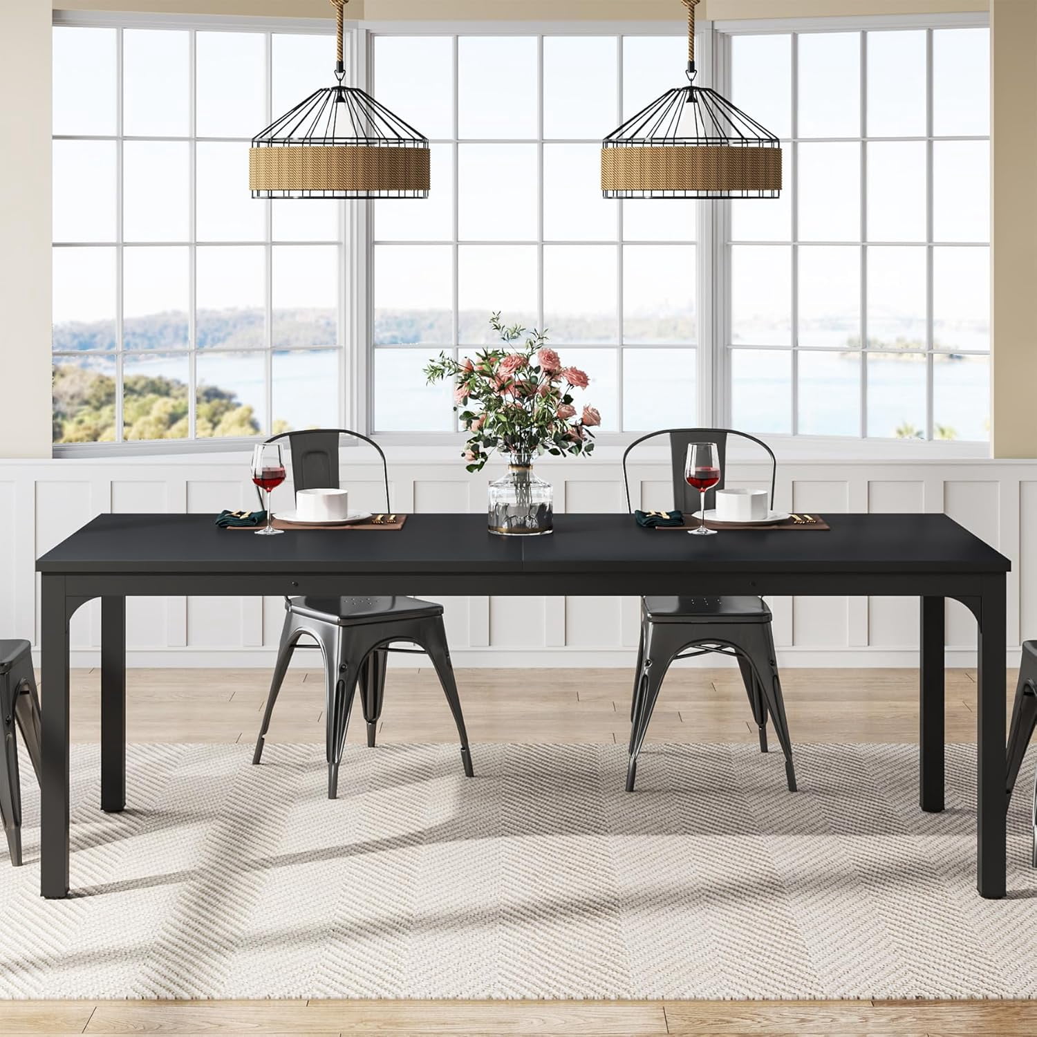 Aukfa 78" Large Dining Table for 6–8, Modern Farmhouse Rectangular Kitchen Table with Metal Legs & Scratch-Resistant for Family Gatherings,Black