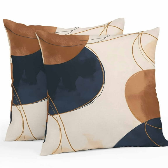 Waterproof Throw Pillow Covers Set of 2, 26x26 Inch Brown Navy Blue Decorative Pillowcases Outdoor Pillow Slip Cushion Covers Set for Couch Tent Modern Abstract Art Geometric