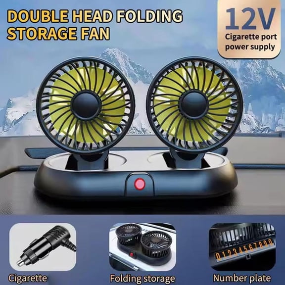 Portable Car Cooling Fan with 2-Head - 12V Electric Air Cooling Fan,USB Rechargeable Plug,Silent Electric Fan 360° Rotation with 3 Wind Speed Stable Base for Car Truck SUV RV Marine Boat