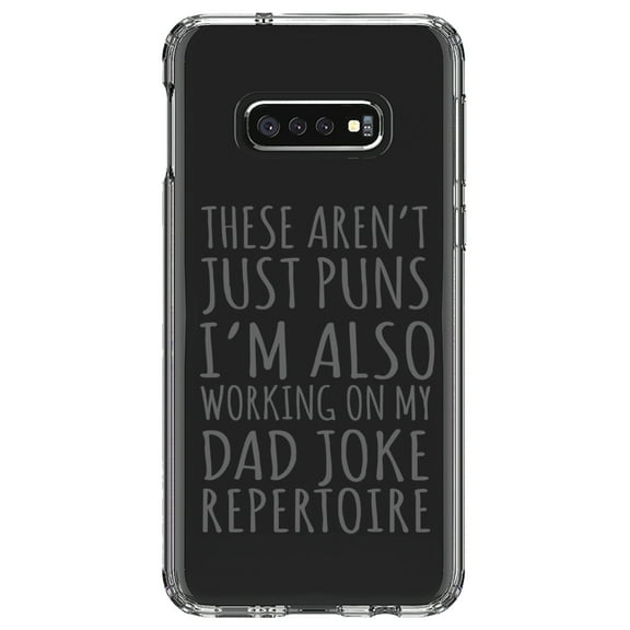DistinctInk Clear Shockproof Hybrid Case for Samsung Galaxy S10e (5.8" Screen) - TPU Bumper Acrylic Back Tempered Glass Screen Protector - Not Just Puns I'm Also Working Dad Joke