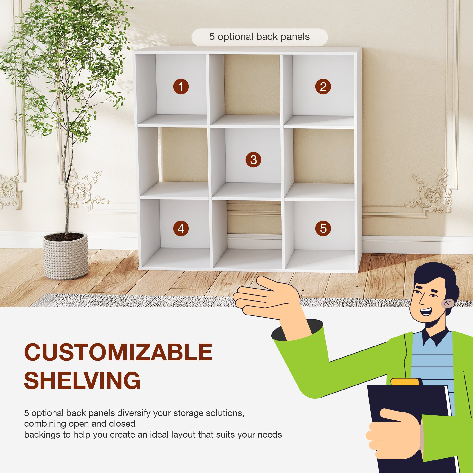 MCQ 9 Cube Storage Organizer, Open Bookshelf with 3 Removable Back Panels for Living Room, Bedroom, Home Office，36"L x 11.6"W x 36"H, White