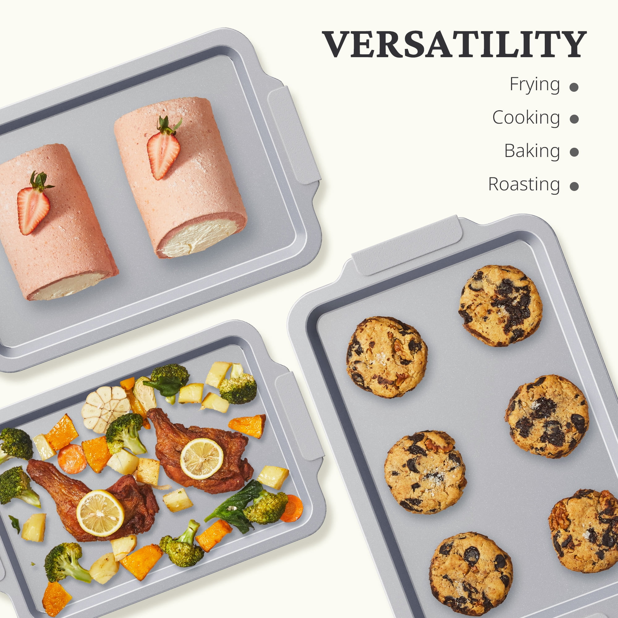 HONGBAKE Non Toxic Ceramic Cookie Sheets for Baking, 3-piece Non Stick Baking Sheet Pans for Oven, Heavy Duty Aluminized Steel Baking Pans Set with Silicone Handles -Gray