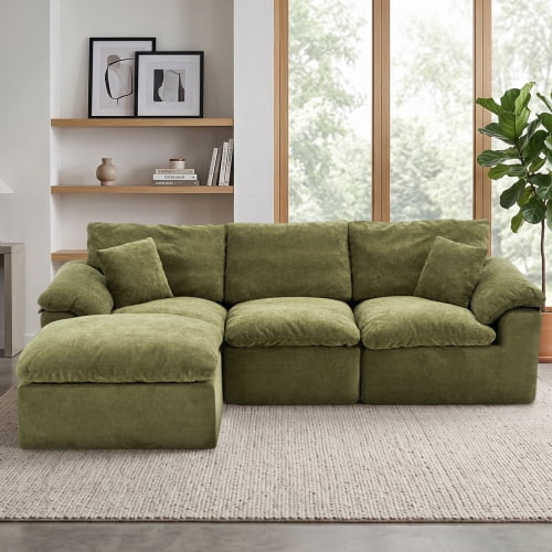 102.3" Modular Sectional Sofa, L-Shape Cloud Couch with Movable Ottoman, Comfy Chenille Deep Seat Sofa with Soft Pillows for Living Room Apartment, Green