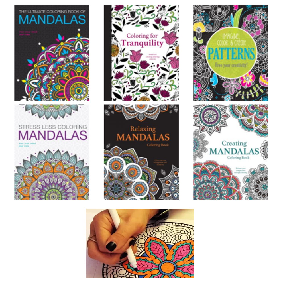 6 Adult Coloring Book Mandala Geometrical Designs Stress Relief Relaxation Color - 