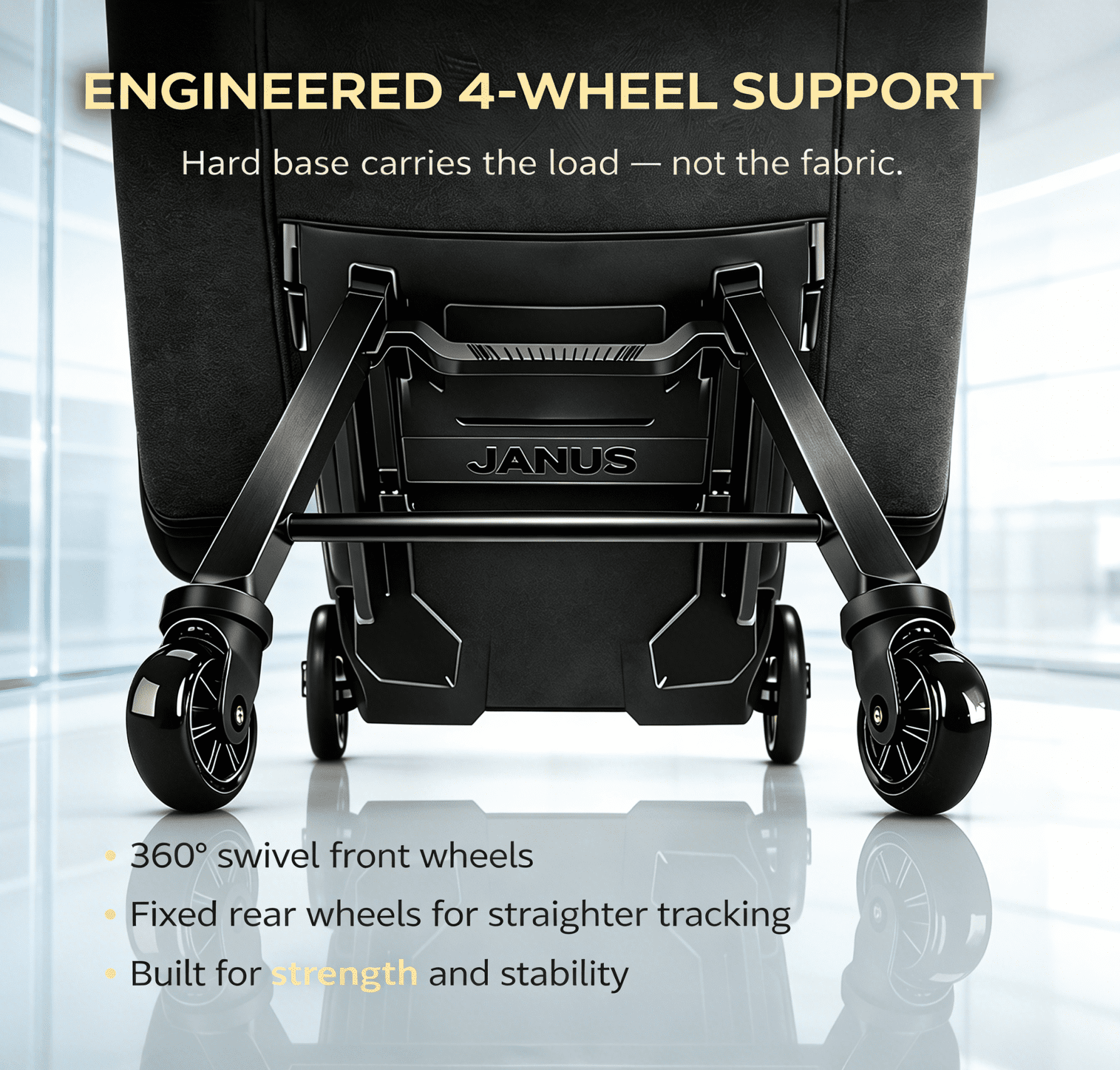 JANUS Golf Travel Bag with Integrated Foldable Support System, 4-Wheel Hands-Free Rolling & 2-Wheel Pull Mode, Reinforced Hard Base, Airline Checked Luggage Compatible