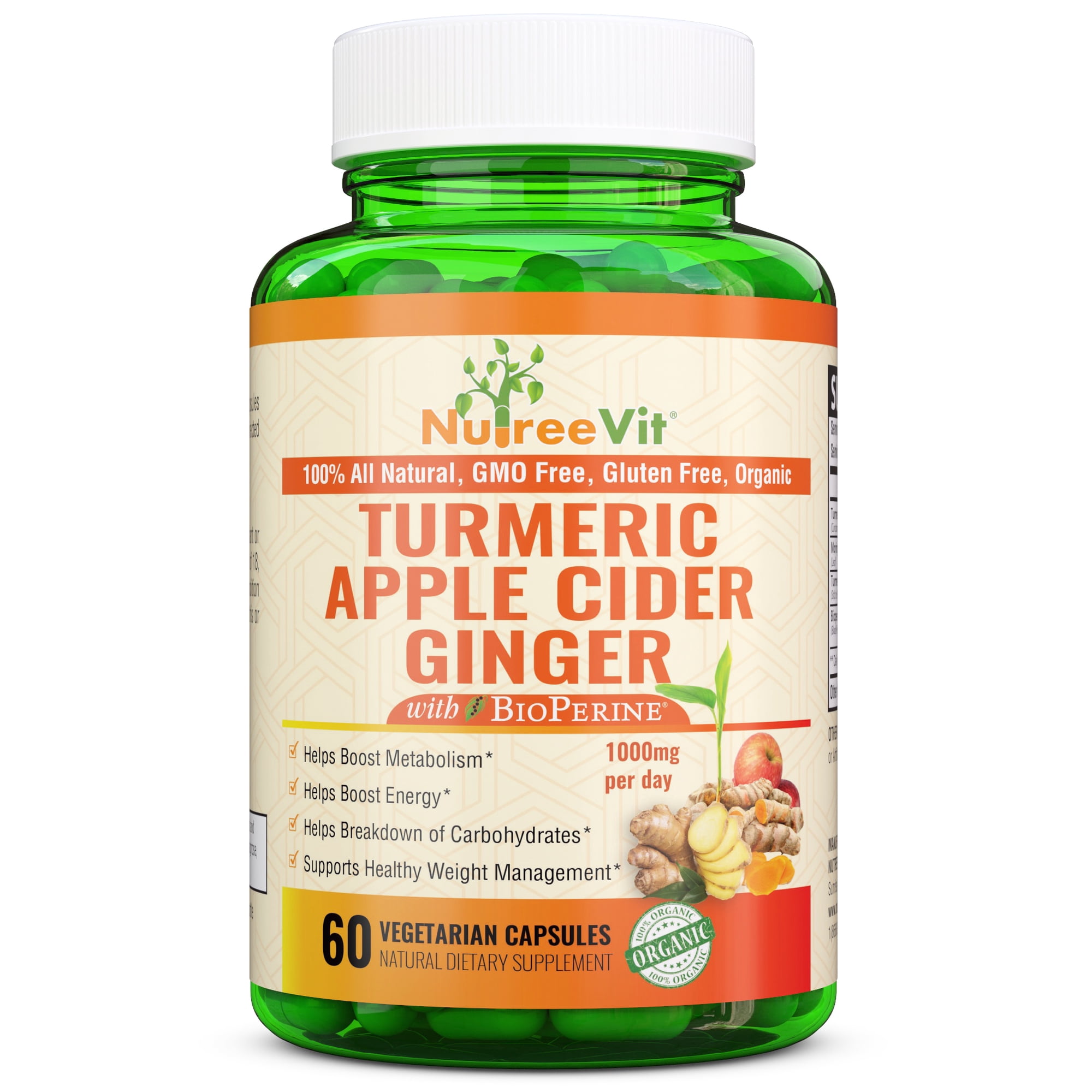 Nutreevit 100% Organic Turmeric Apple Cider Vinegar Supplement with Ginger and Bioperine. Natural Detox and Cleanse. Joint Support, Boost Metabolism, Made in USA (200 Count)
