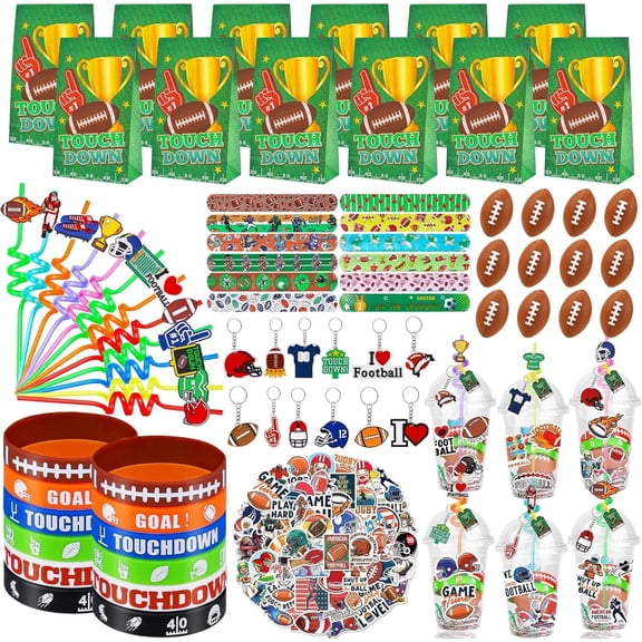 Natonhi 208pcs Football Party Favors Party Supplies Contains Football Goodie Bags Cups Straw Stickers Mini Football Silicone Bracelets Keychains Thank You Tags Ideal Football Birthday Party Supplies