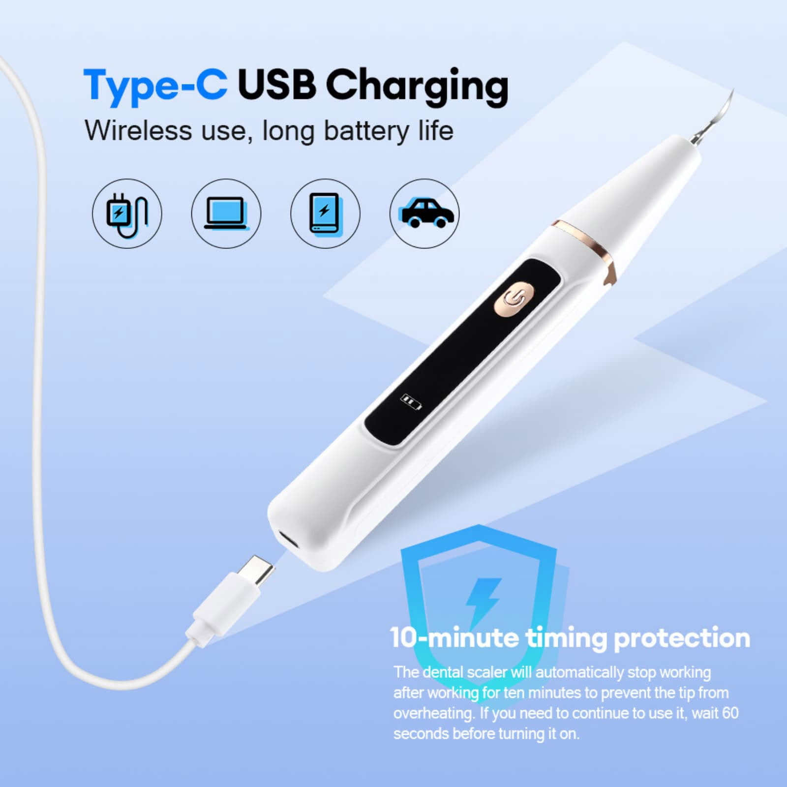 TAPDRA 37KHZ Dental Scaler With LED Light For Adults Teeth Cleaning Tartar Plaque Remover 3 Speed Levels White ABS