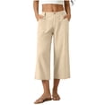 thumbnail image 2 of Yuanlook Women's Tailored Linen-Blend Vacation-Ready Wide-Leg Capri Pants, High-Waist Cropped Trousers with Button Fly & Patch Pockets for Office Wear, 2 of 8