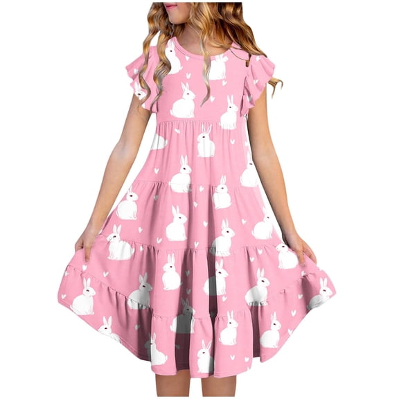 SGFCWSX Girls Flutter Sleeve Dress Easter Bunny Print Crew Neck Tiered Ruffle Hem Casual Summer Dresses for Kids Multicolor Size 10-11 Years