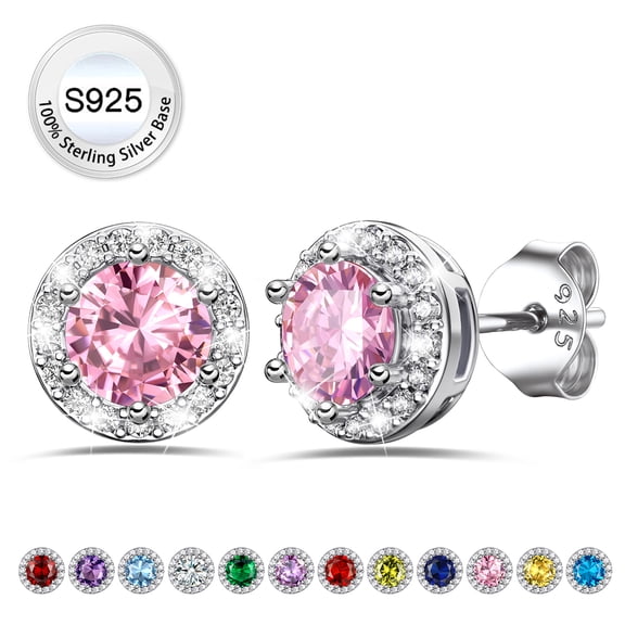 Bestyle Pure S925 Sterling Silver Earrings Created Pink Tourmaline Stud Earrings October Round Birthstone Jewelry Gifts for Birthday Graduation Wedding