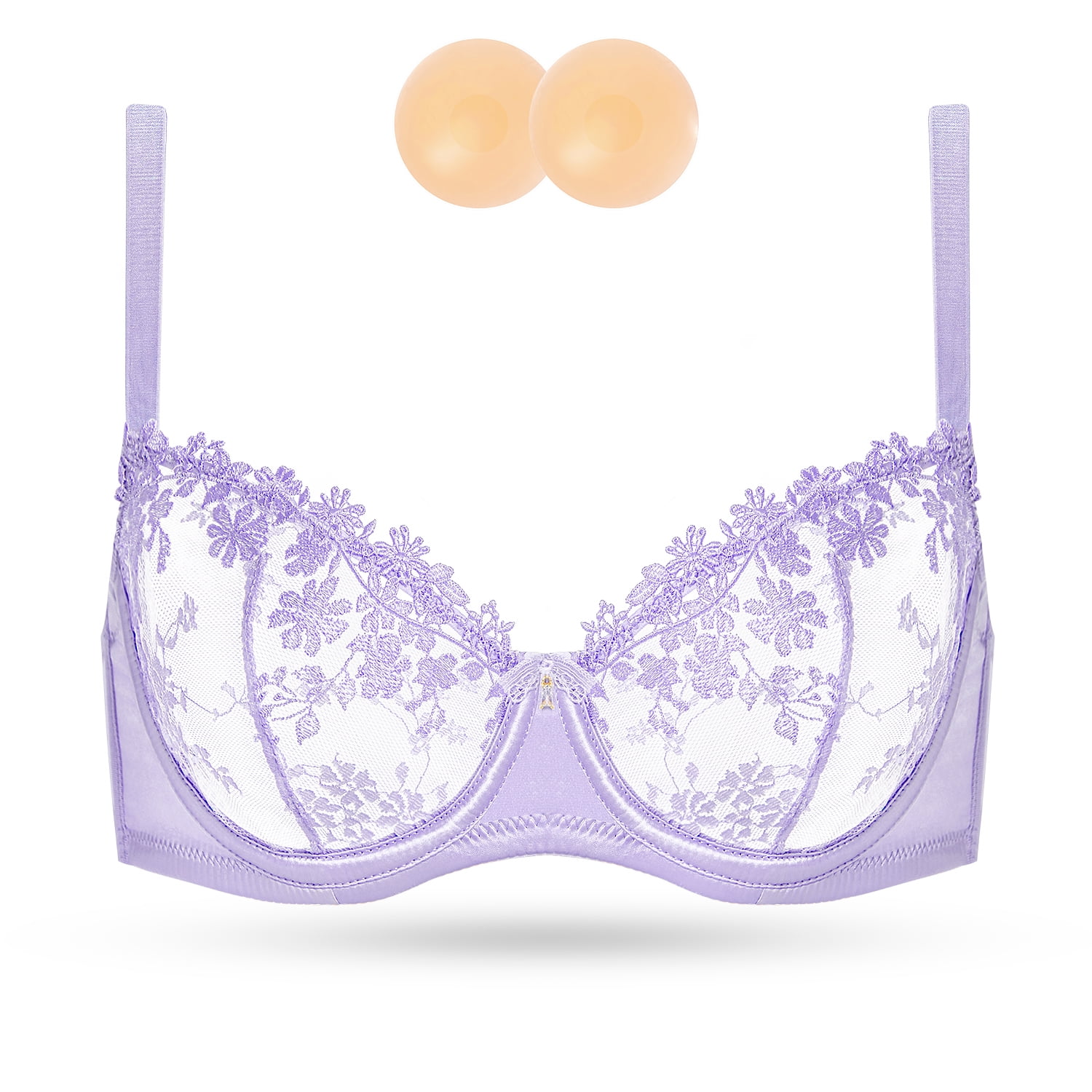 Wingslove Women's Sexy Lace Sheer Bra Demi Mesh Balconette See Through Unlined Underwire with Silicone Nipple, Light Purple 38DDD