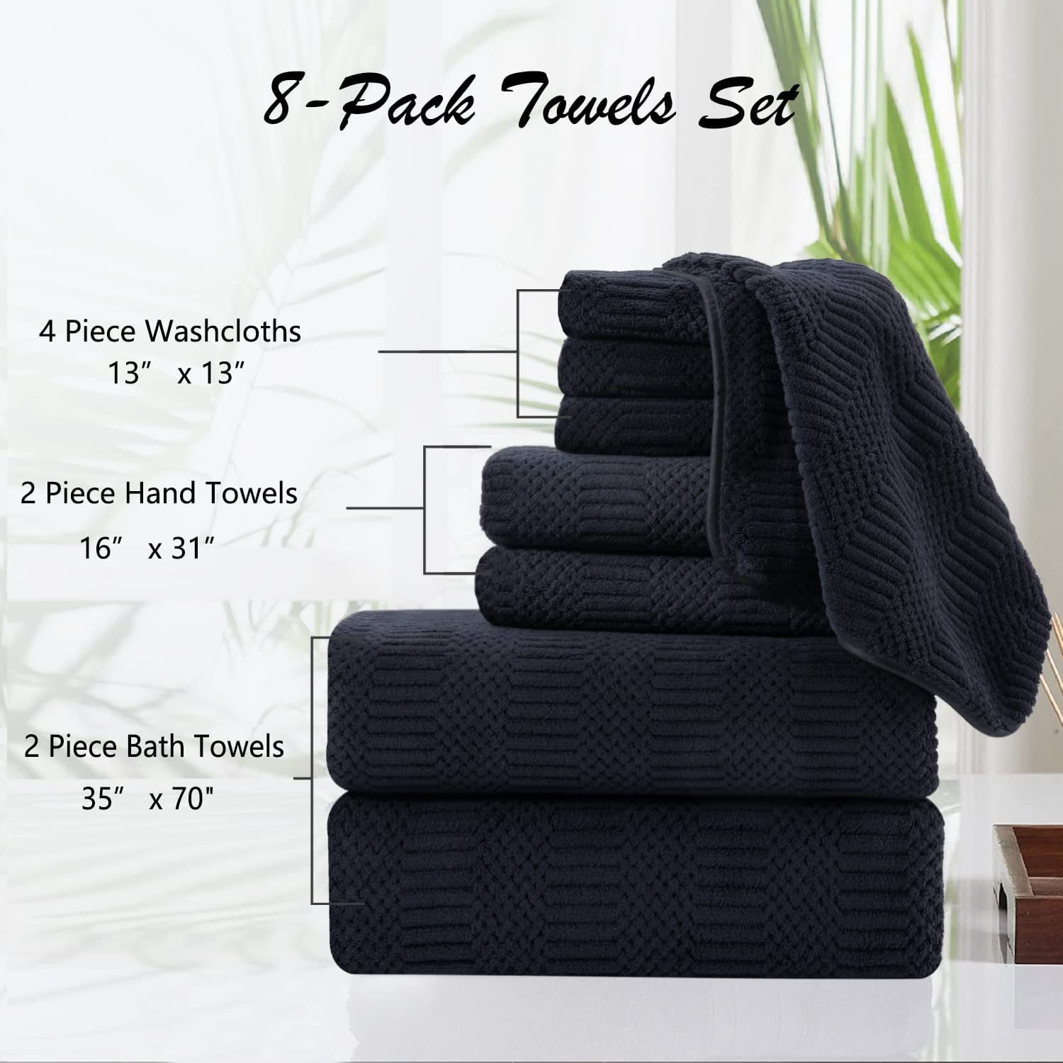 Jessy Home 8 Piece Oversized Black Bath Towel Set-2 Extra Large Bath Towel Sheets, 2 Hand Towels, 4 Washcloths-600GSM Soft Plush Towel Set