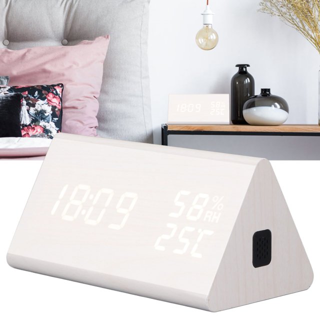 Wooden Alarm Clock with LED Digits, 11 Alarm Tones, MDF & ABS Material, Voice Control & Weekend Alarm Function for Bedroom, Bedside LED Clock, Temperature & Date Display