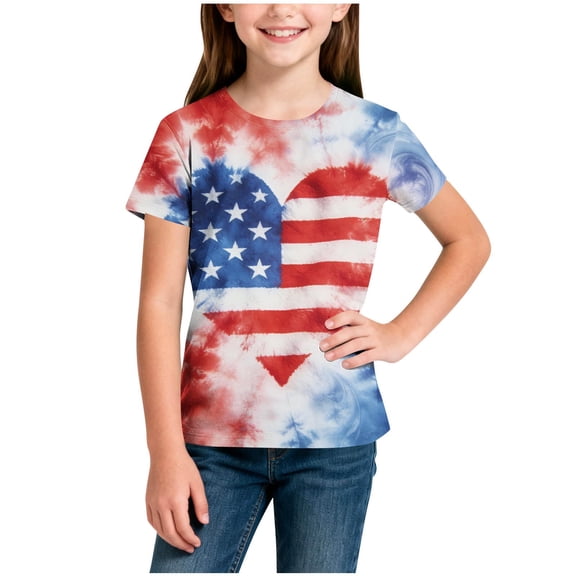 Cethrio 4th of July T-shirts for Girl, Casual Crew Neck Party Short Sleeve Summer Tops Beige Size 6