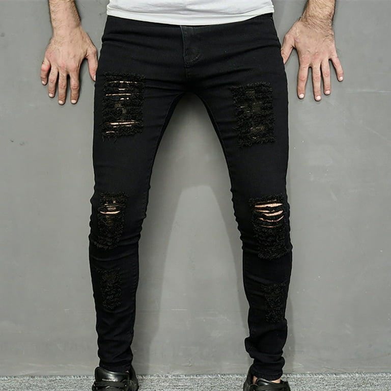 Mens Distressed Paint Splatter Jeans Retro Hip Hop Slim Jean