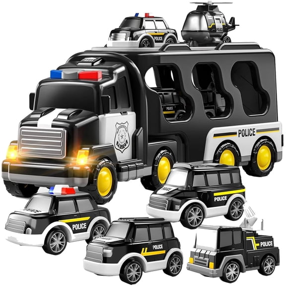 5 In 1 Police Truck Toy For Boys 3-9 Years Carrier Vehicle With Cars And Helicopter Friction Powered